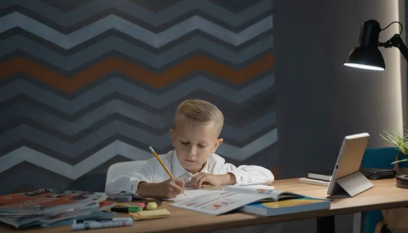 Chłopiec pisze przy biurku, które ma odpowiednie wymiary biurka dla dziecka. Na blacie leżą książki, tablet i lampka.