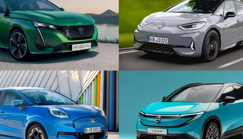 Anteprima delle auto elettriche 2026: Peugeot verde, VW grigia, Ford blu e Nissan Leaf azzurra.