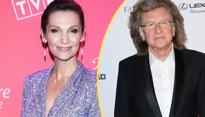 Olga Bończyk i Zbigniew Wodecki, uśmiechnięci i eleganccy, na tle ścianki.