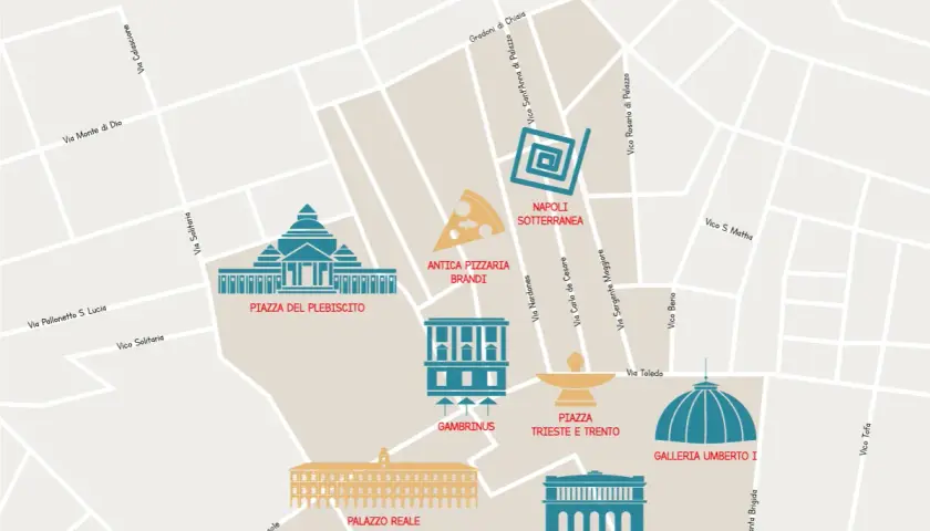 Mappa stilizzata di Napoli con icone per Piazza del Plebiscito, Palazzo Reale, Napoli Sotterranea, Antica Pizzeria Brandi, Teatro di San Carlo e Galleria Umberto I.