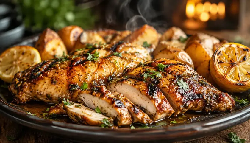 Un plat appétissant de poulet mariné grillé, tranché et servi avec des pommes de terre rôties et des quartiers de citron grillés.