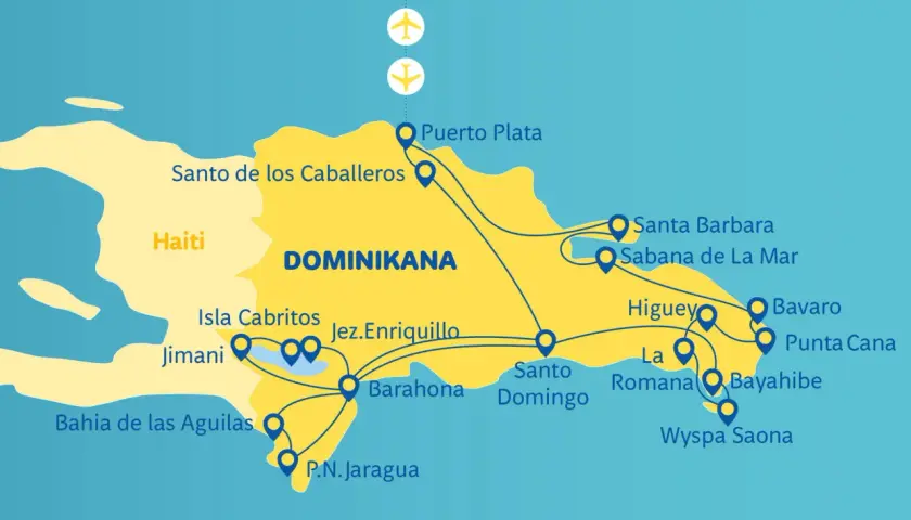 Mapa Dominikany z zaznaczonymi atrakcjami: Puerto Plata, Santo Domingo, Punta Cana. Planujesz podróż? Zobacz, co warto zobaczyć w Dominikanie!