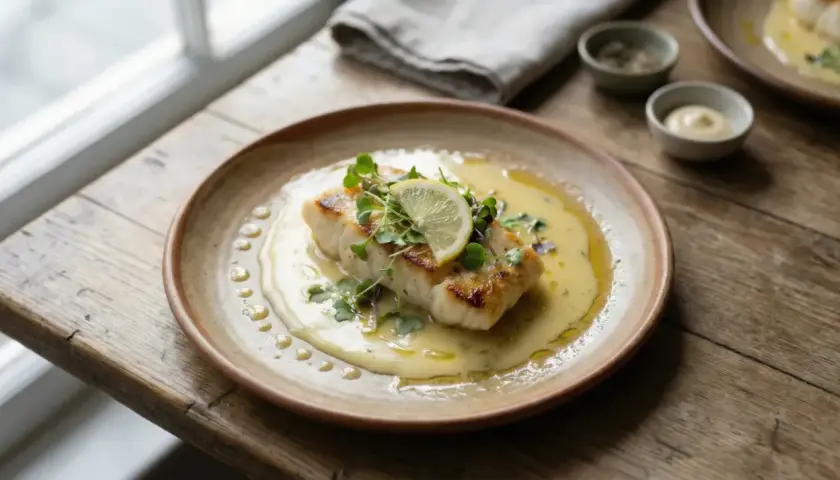En perfekt tillagad fiskfilé med en krämig beurre blanc-sås, toppad med citron och örter.