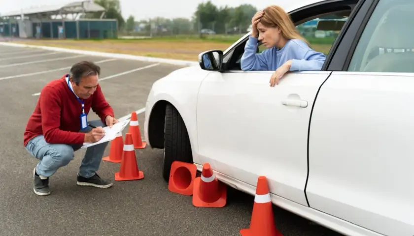 Zestresowana kursantka podczas **testów opiekunka dziecięca** na placu manewrowym. Instruktor notuje jej postępy.
