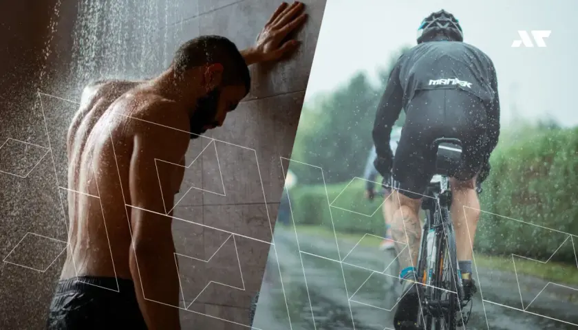 Mężczyzna bierze zimny prysznic po intensywnym treningu kolarskim w deszczu.