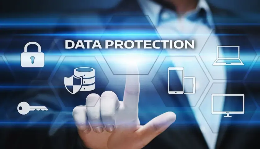 Securing government data storage with a touch. Icons represent data, security, and devices.