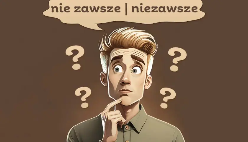 Zamyślony mężczyzna otoczony znakami zapytania, zastanawia się, czy żyć niezawsze razem czy osobno.