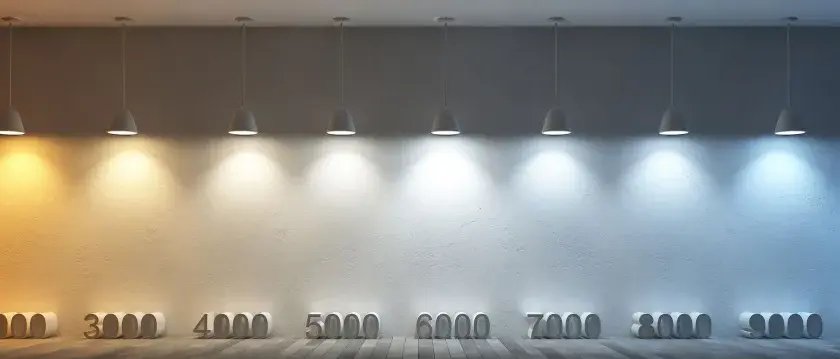 Lámparas colgantes iluminan una pared, mostrando una gama de temperaturas de color de cálido a frío, desde 1000K hasta 10000K.