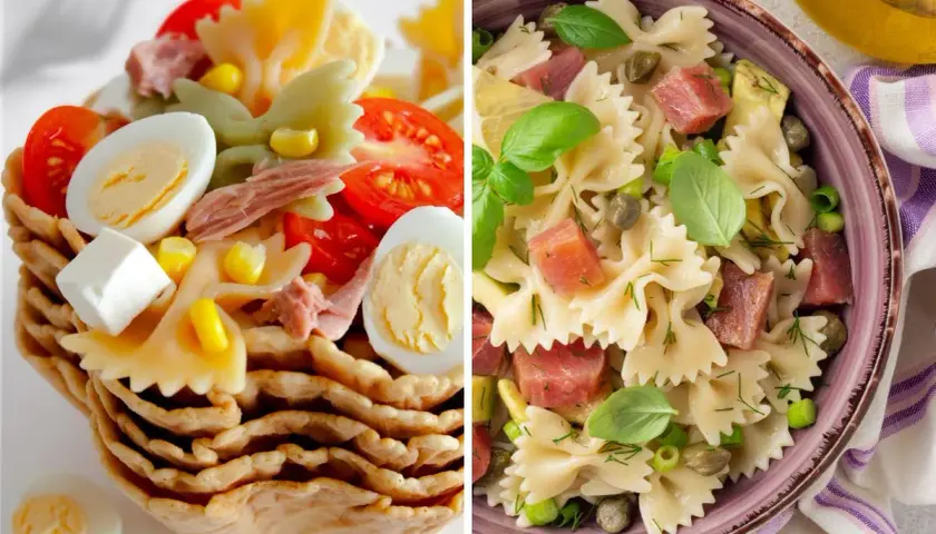 Dos ensaladas de pasta espectaculares: una en cesta crujiente con huevo y tomate, y otra en cuenco con atún, alcaparras y albahaca.
