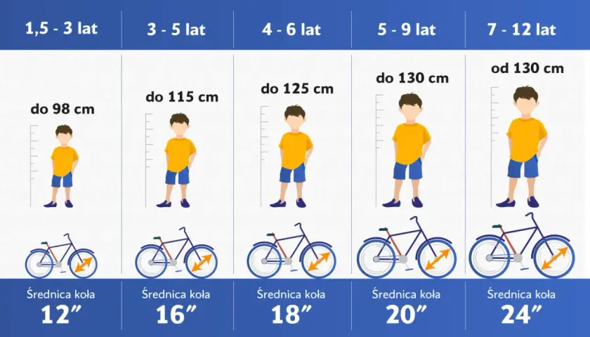 Tabela rozmiar roweru do wzrostu dziecka: od 1,5 do 12 lat, z podziałem na wiek i wzrost, sugerująca średnicę koła.