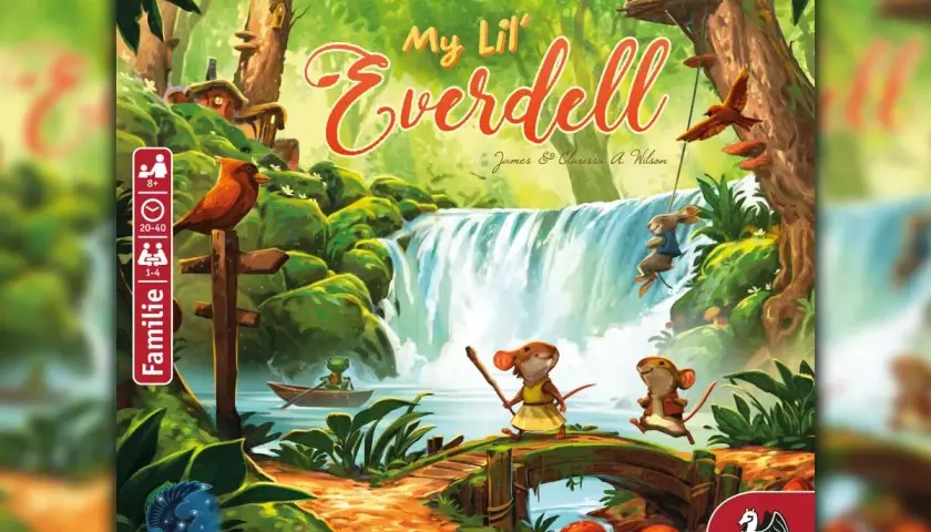 Das Cover des Spiels "My Lil' Everdell" zeigt eine idyllische Waldszene mit Mäusen, die über eine Brücke laufen. Ein Spiel, das den Geist des "Spiel des Jahres" einfängt.