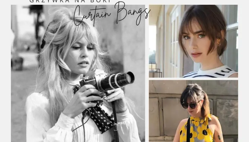 Kolaż zdjęć: Brigitte Bardot z aparatem, Lily Collins i kobieta w żółtej bluzce, wszystkie z grzywką.