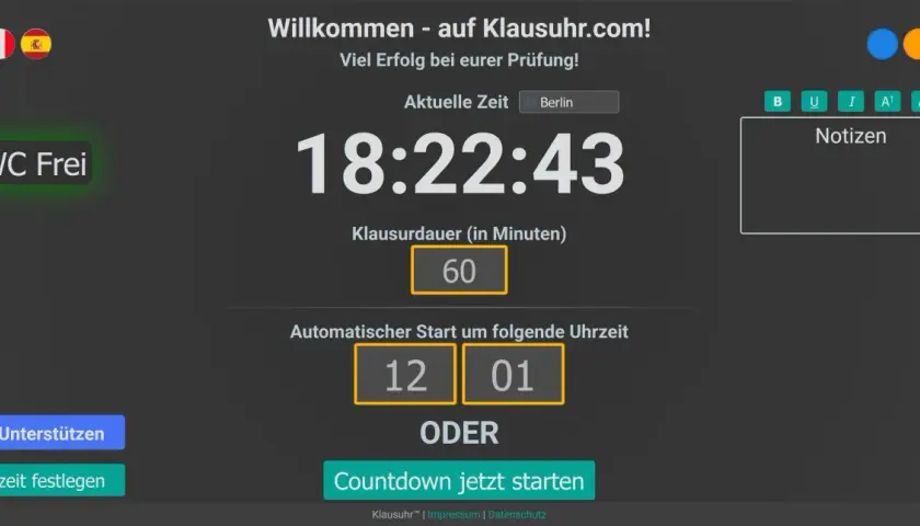 Digitale Uhr für eine proctoring klausur mit Countdown, Zeitangabe und Notizfeld.