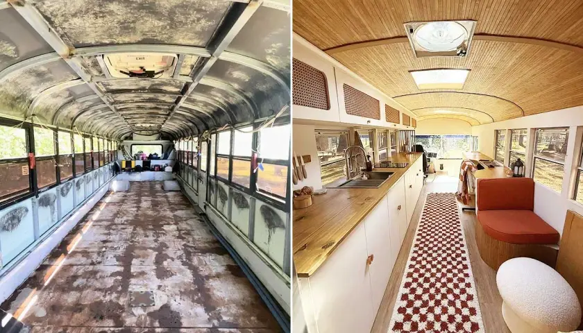 Avant/après : un bus aménagé en habitation confortable, avec cuisine, coin repas et banquette.