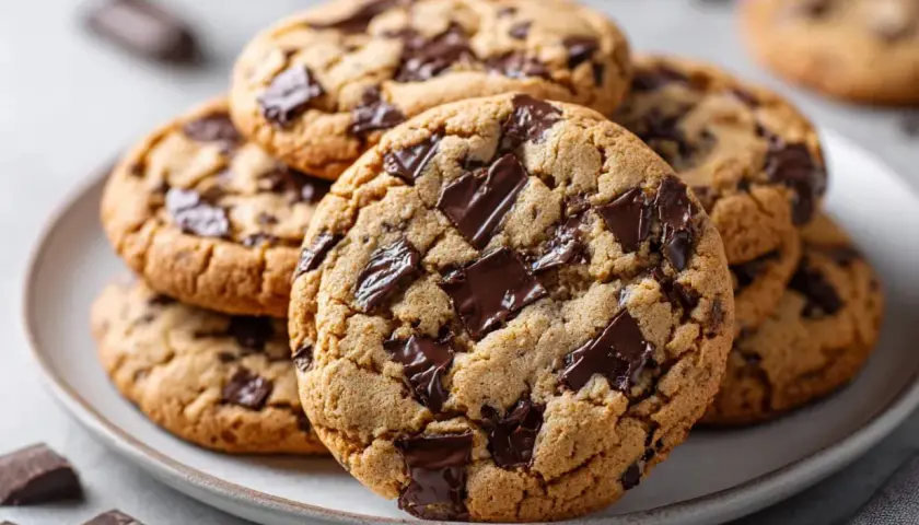 En hög med nybakade chocolate chip cookies, med smält choklad som sticker ut. Perfekt för en fika!