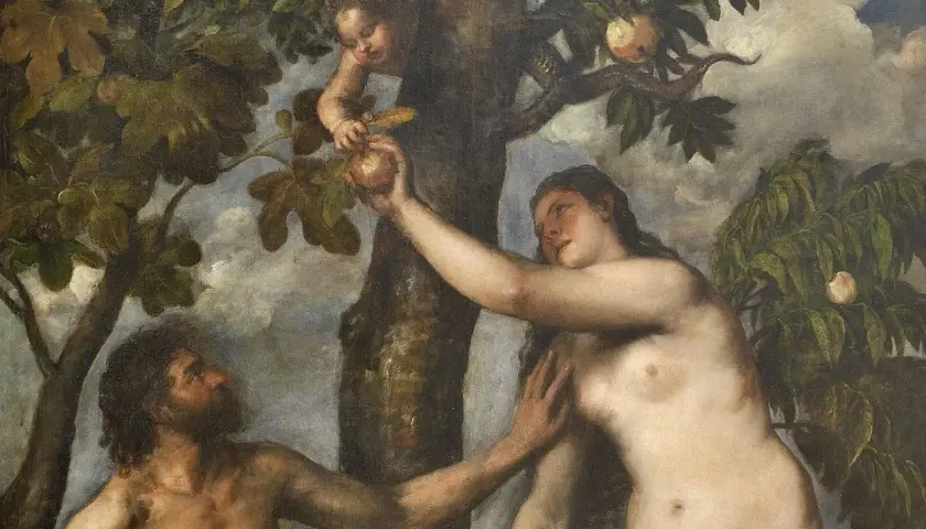 Adam i Ewa w Ogrodzie Eden, sięgają po zakazany owoc. Biblia opowiada tę historię.