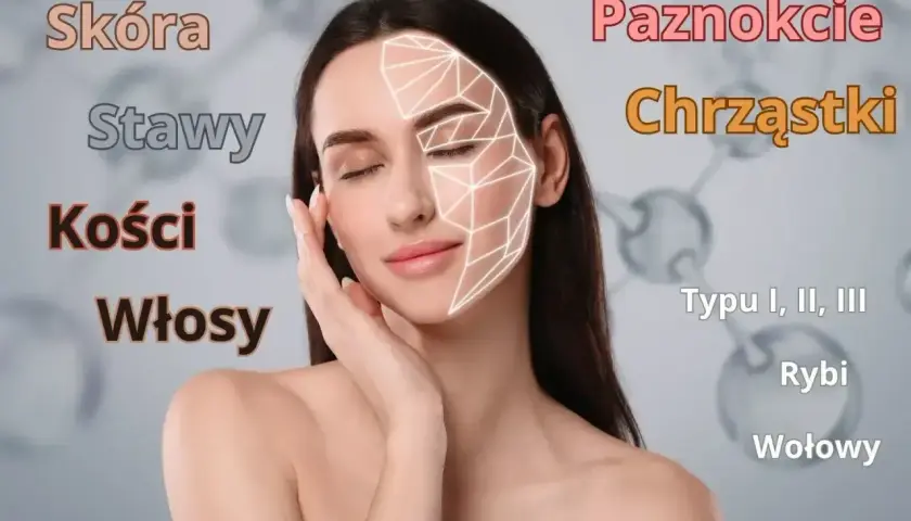 Kobieta z nałożoną siatką na twarz. Napisy: Skóra, Stawy, Kości, Włosy, Paznokcie, Chrząstki. Czy kolagen pomaga na stawy?