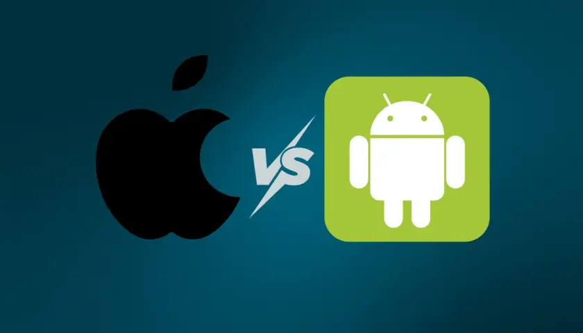 Logo Apple kontra robot Android. Porównanie, czym się różni iPhone od Androida.