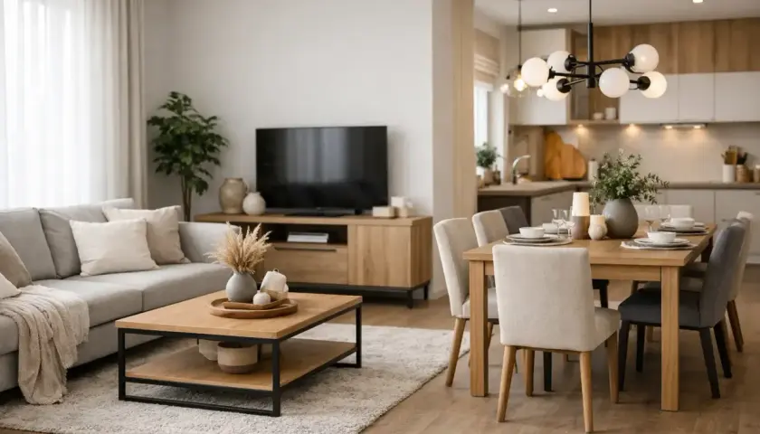 Przytulny, prostokątny salon z jadalnią. Szara sofa, drewniany stolik kawowy i jadalniany stół z krzesłami tworzą ciepłą atmosferę.