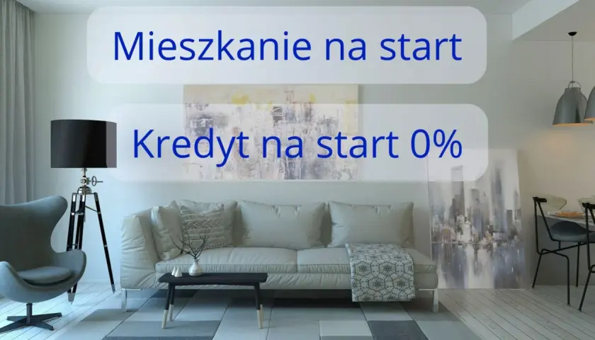 Nowe mieszkanie na start? Skorzystaj z kredytu na start 0%! Stylowy salon z sofą, fotelem i nowoczesnym obrazem.