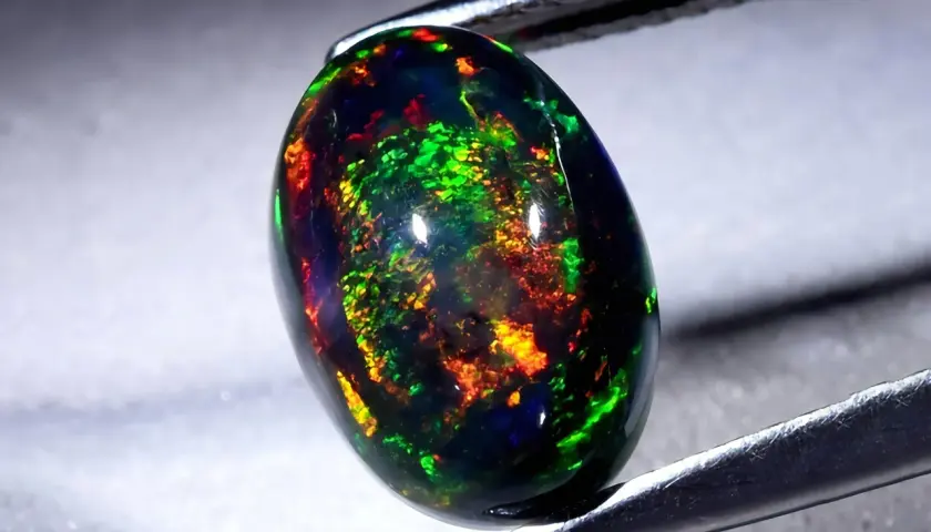 Ein faszinierender schwarzer Opal mit lebendigen Farbspielen von Grün, Rot und Gelb. Seine Wirkung ist magisch.