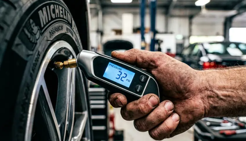 Mano sucia revisa la presión de neumáticos de un coche con un medidor digital que marca 32 PSI.