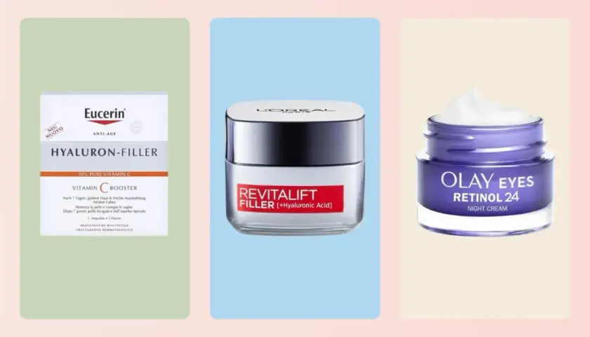 Las mejores cremas antiedad para 60 años: Eucerin Hyaluron-Filler, L'Oréal Revitalift Filler y Olay Eyes Retinol 24.