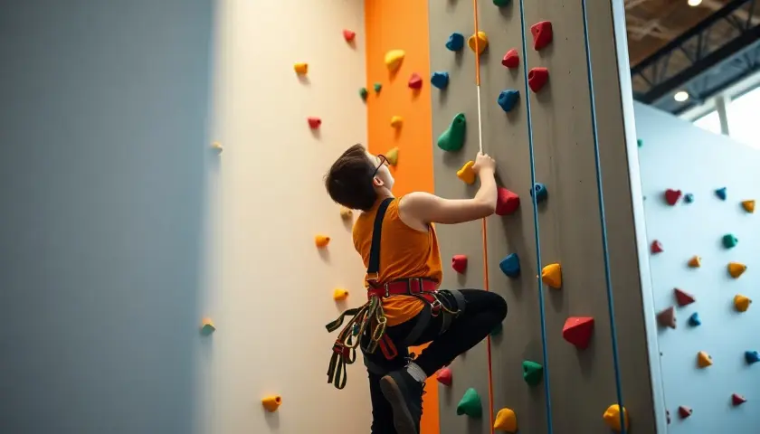 Ragazzo si allena nell'arrampicata indoor, aggrappandosi a prese colorate su un muro.