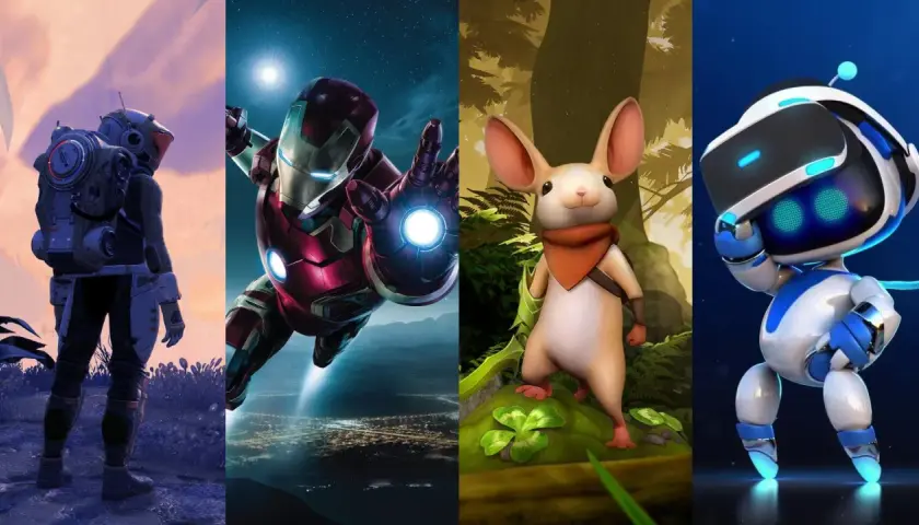 Odkryj darmowe gry VR: kosmiczny podróżnik, Iron Man, myszka w lesie i robot w goglach.