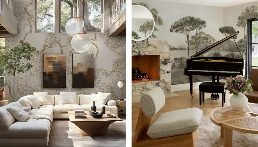 Ett lyxigt vardagsrum med en stor soffa, konst och ett piano. Vacker tapet med naturmotiv.