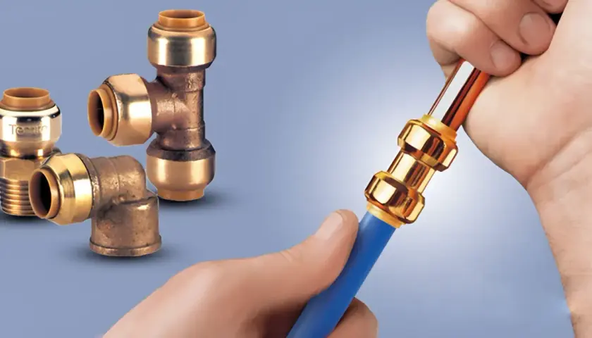 Conexiones de latón para tuberías, una mano inserta un tubo en un acople. No se requiere soldar cobre.