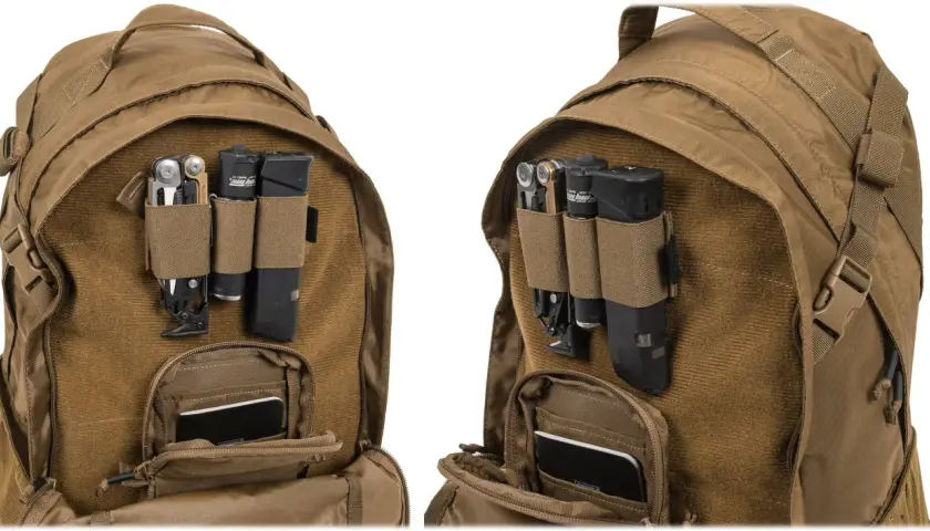 Brązowy plecak Helikon EDC Lite z multitoolem, latarką i nożem w zewnętrznych kieszeniach.