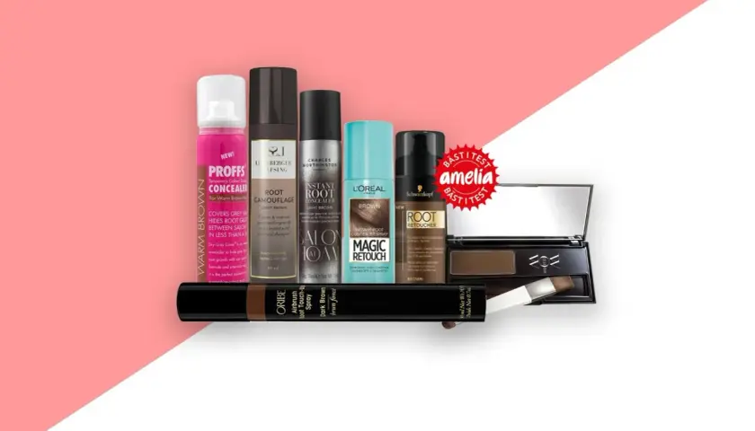 En samling produkter för att täcka utväxt och grått hår, inklusive Toppik Root Touch Up Spray.