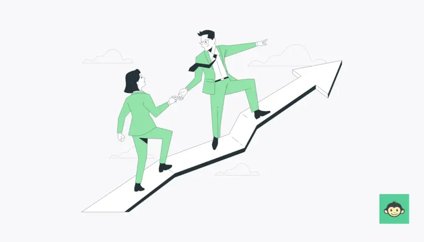 A leader extends a hand to help a colleague ascend an upward-trending arrow, embodying resonant leadership and shared growth.