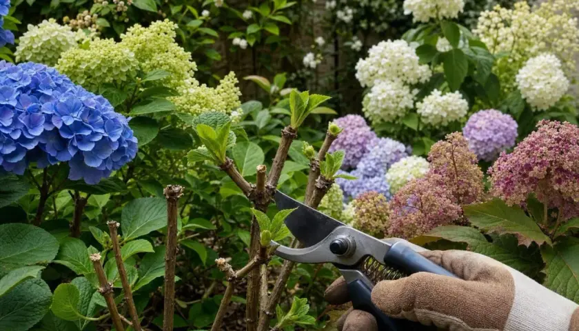 Un jardinier taille des hortensias aux couleurs vives, prêts pour quand fleurissent les hortensias.