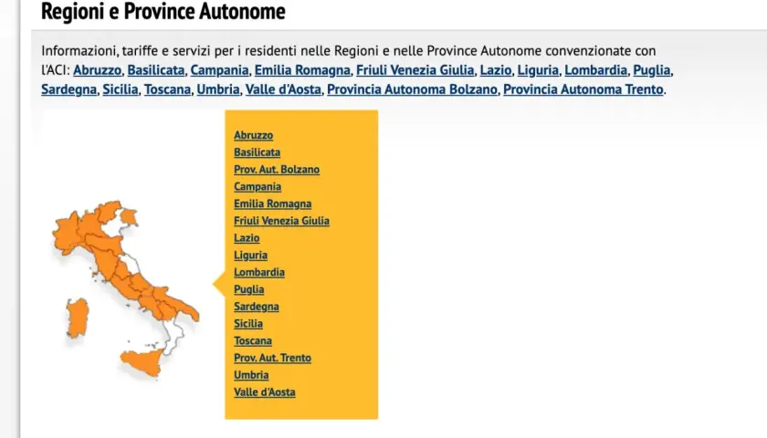 Mappa Italia con elenco regioni e province. Informazioni ACI per residenti, utili per sapere quanto costa bollo auto in ogni zona.