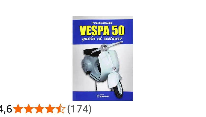 Copertina libro "Vespa 50: guida al restauro" con una Vespa 50 azzurra in primo piano.
