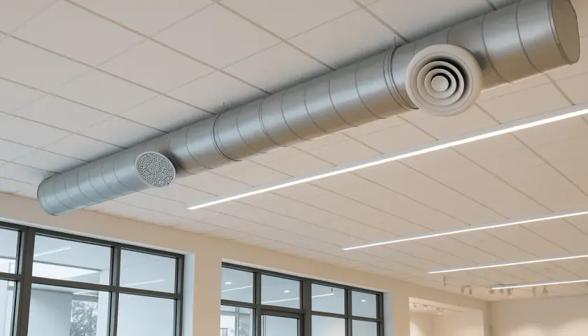 Conductos metálicos para sistemas de ventilación y extracción de aire, visibles en un techo suspendido con iluminación lineal.