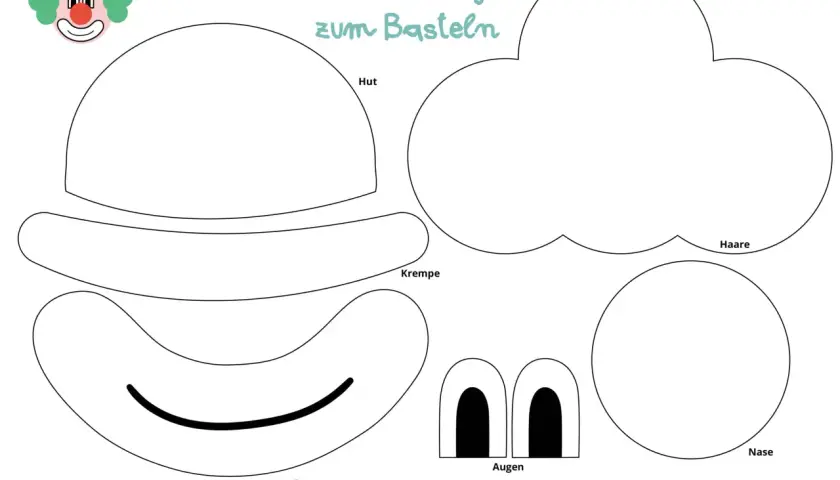 Bastelvorlage: Teile für einen Clown zum Ausschneiden und Zusammenkleben – Hut, Krempe, Haare, Nase, Augen und Mund.