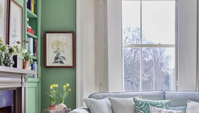 A cozy living room with country contemporary furniture, featuring a green bookshelf, fireplace, and a plush sofa adorned with patterned pillows.
