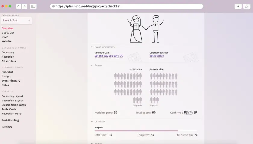 Interface de planification de mariage. La page "Checklist" affiche les préparatifs, le nombre d'invités et les tâches restantes.