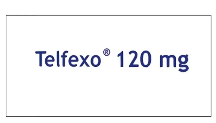 Napis "Telfexo® 120 mg" w kolorze granatowym na białym tle.