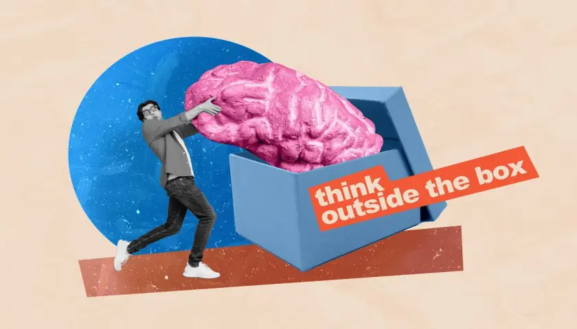 Man lyfter ut en stor rosa hjärna ur en blå låda. Texten "think outside the box" uppmanar till att hantera stress och oro med nya idéer.
