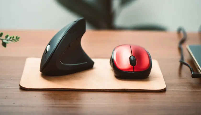 Dwa rodzaje mysz: ergonomiczna pionowa i klasyczna czerwona, leżące na drewnianym biurku.