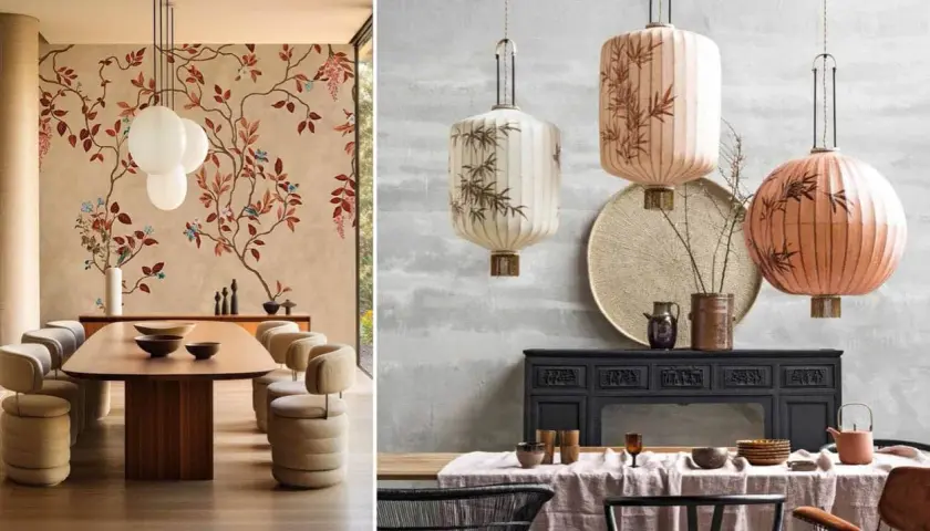 Décoration de salle à manger avec un motif chinois floral sur le mur de gauche et des lanternes décoratives de style asiatique à droite.