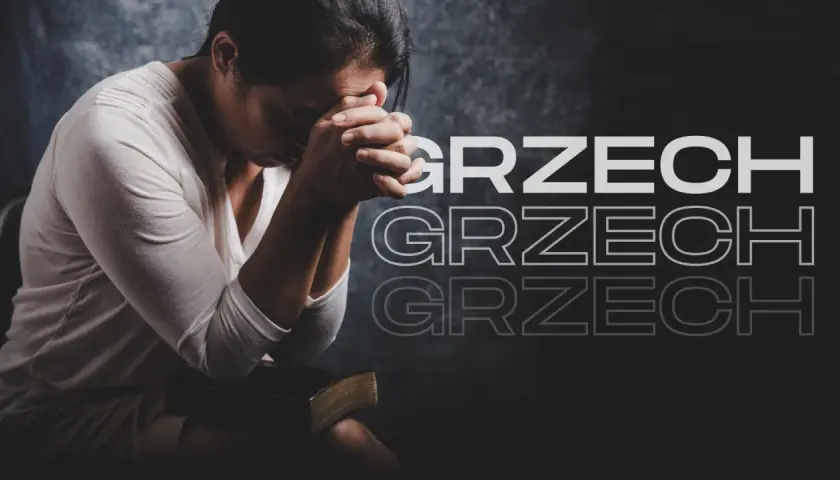 Kobieta modli się nad Biblią, zastanawiając się, czy kłamstwo to grzech. Słowo "GRZECH" powtarza się w tle.