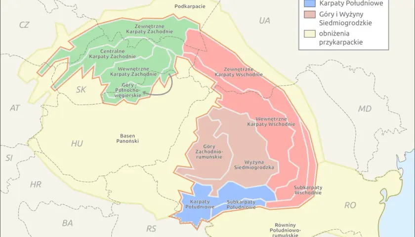 Mapa pokazuje, gdzie leżą Karpaty w Polsce, dzieląc je na Karpaty Zachodnie i Wschodnie, z zaznaczonymi Podkarpaciem.
