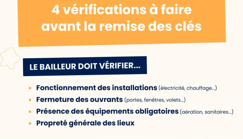 Checklist pour la remise des clés d'une location : le bailleur doit vérifier le bon fonctionnement, la fermeture, les équipements obligatoires et la propreté.