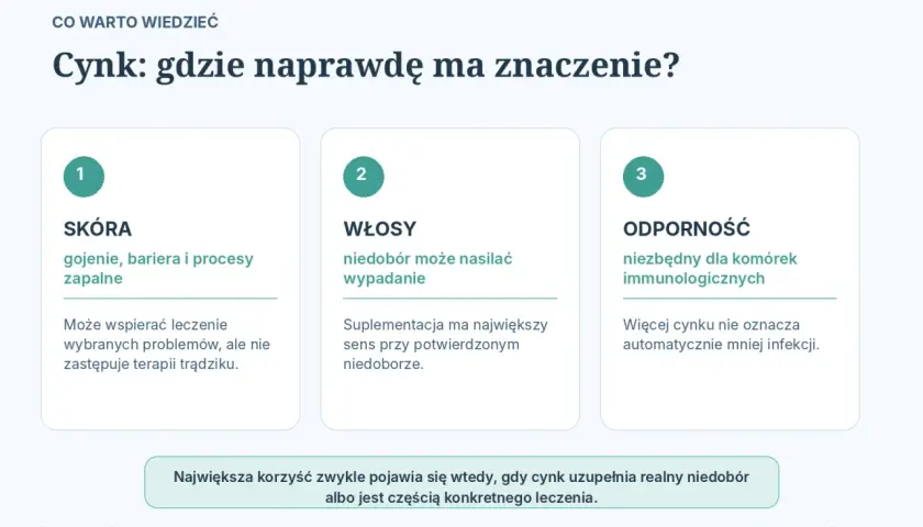 Cynk ma znaczenie dla skóry, włosów i odporności. Pomaga w gojeniu, zapobiega wypadaniu włosów i wspiera komórki immunologiczne.