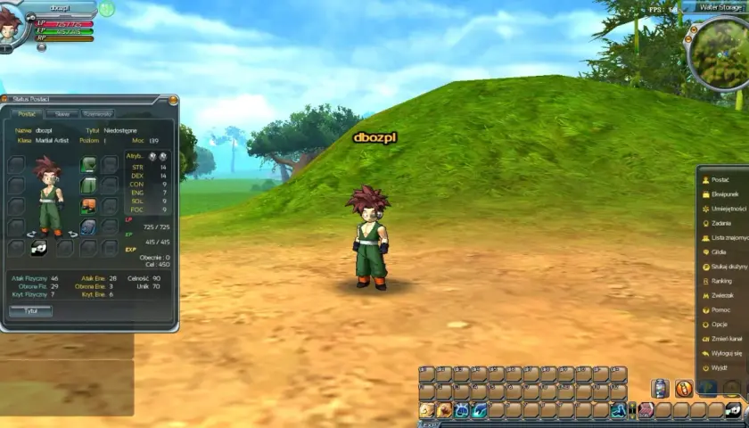 Postać z gry Dragon Ball Z Online, w zielonym stroju, z panelem statystyk postaci.